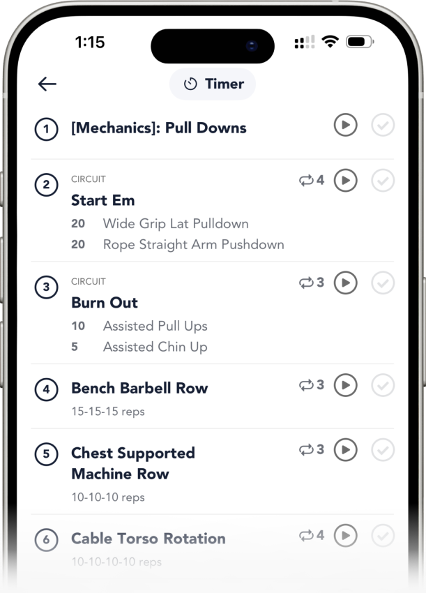 a fighter workout in the app: mechanics pull downs, the start em circuit, burn out, bench barbell row, chest supported machine row.
