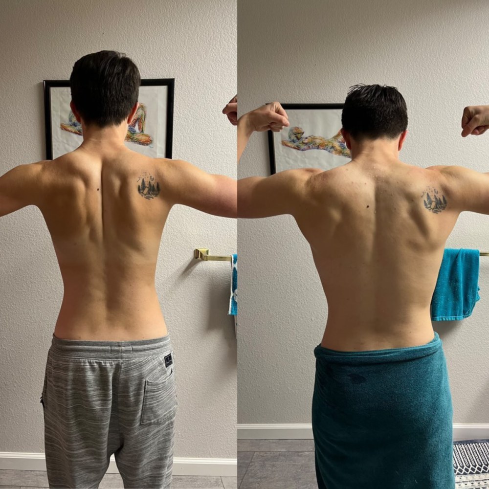 a member's back, before and after, side by side.